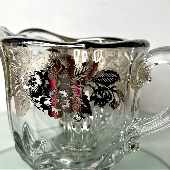 Fostoria Baroque Cream and Sugar with Silver Overlay of Wild Roses Elegant Glass - Picture 5 of 13